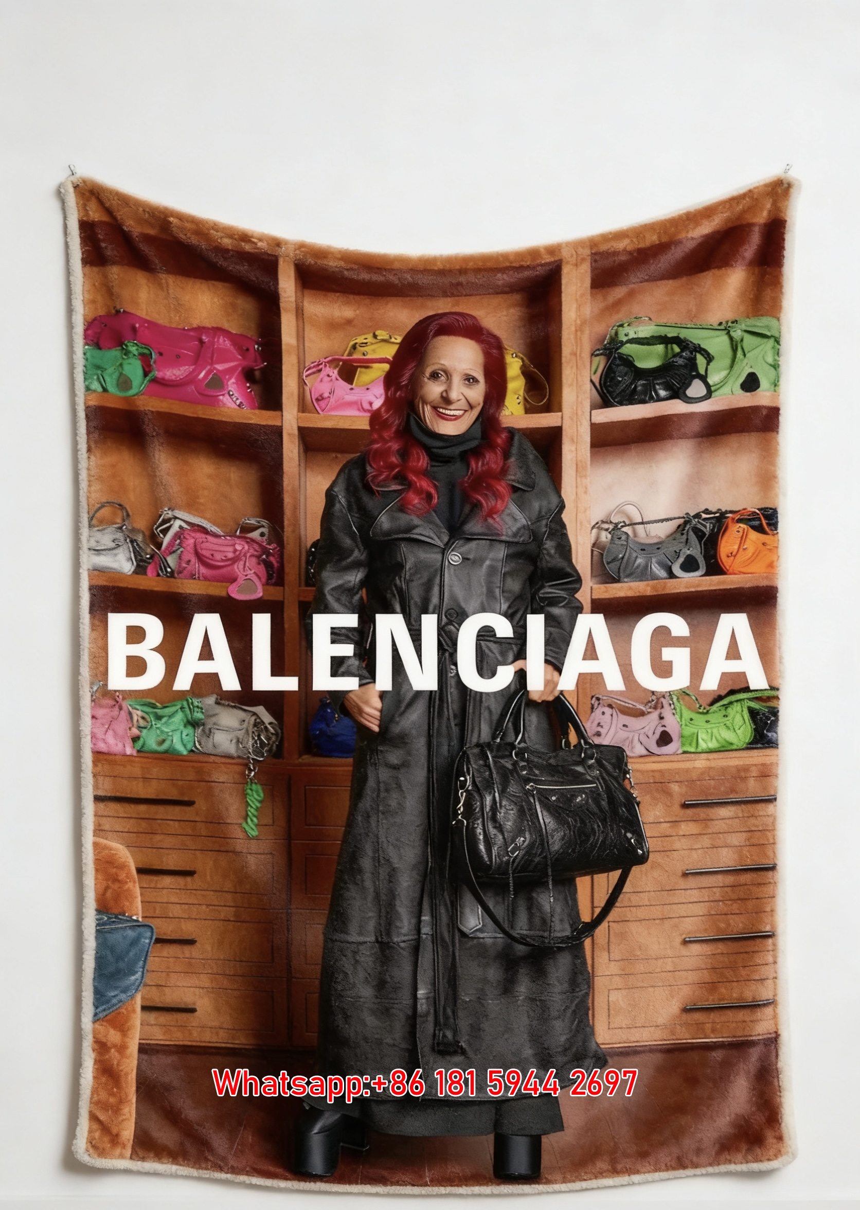 Balenciaga Red Hair Leather Coat Bag Collection Flannel Sofa Throw Blanket BA226